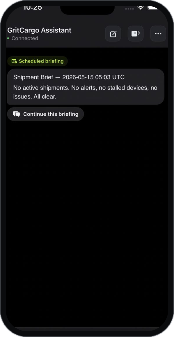 GritClaw assistant shipment brief on mobile